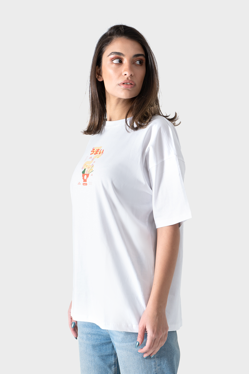 White Noodles Printed Oversized T-Shirt