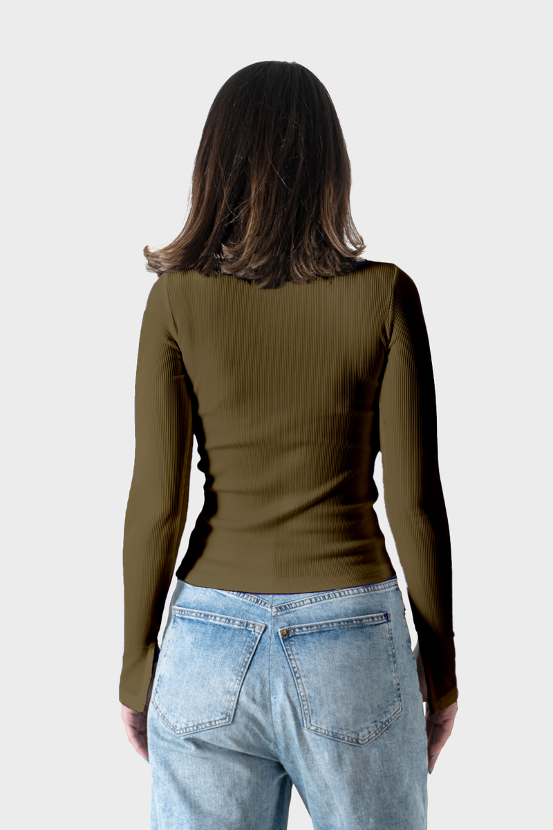 Olive Ribbed Top With Bracelet Slit