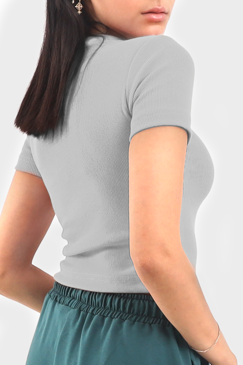 Gray Cropped Short Sleeve Ribbed Top