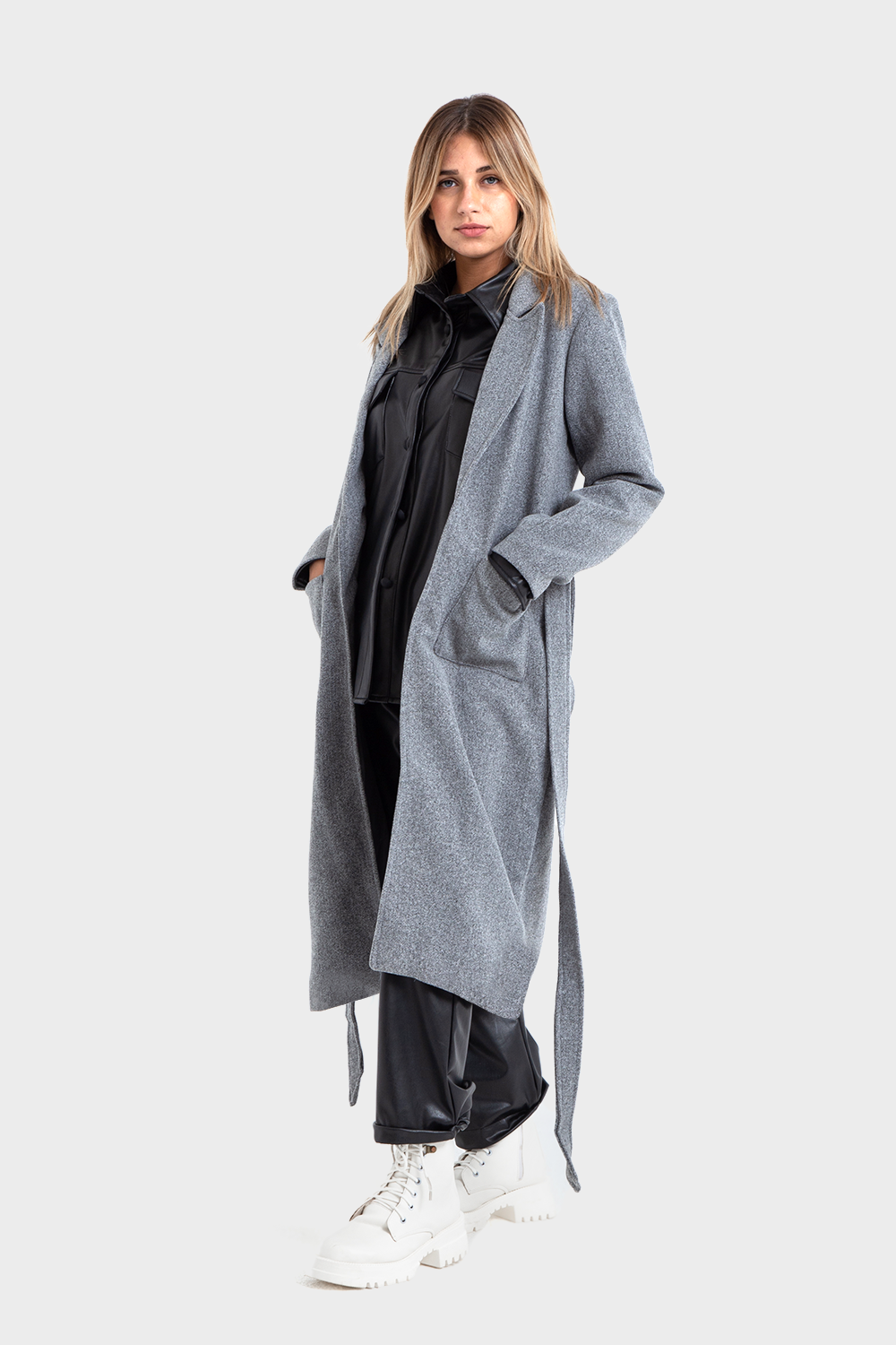 Classic Gray Coat with Tie Belt OKOYE