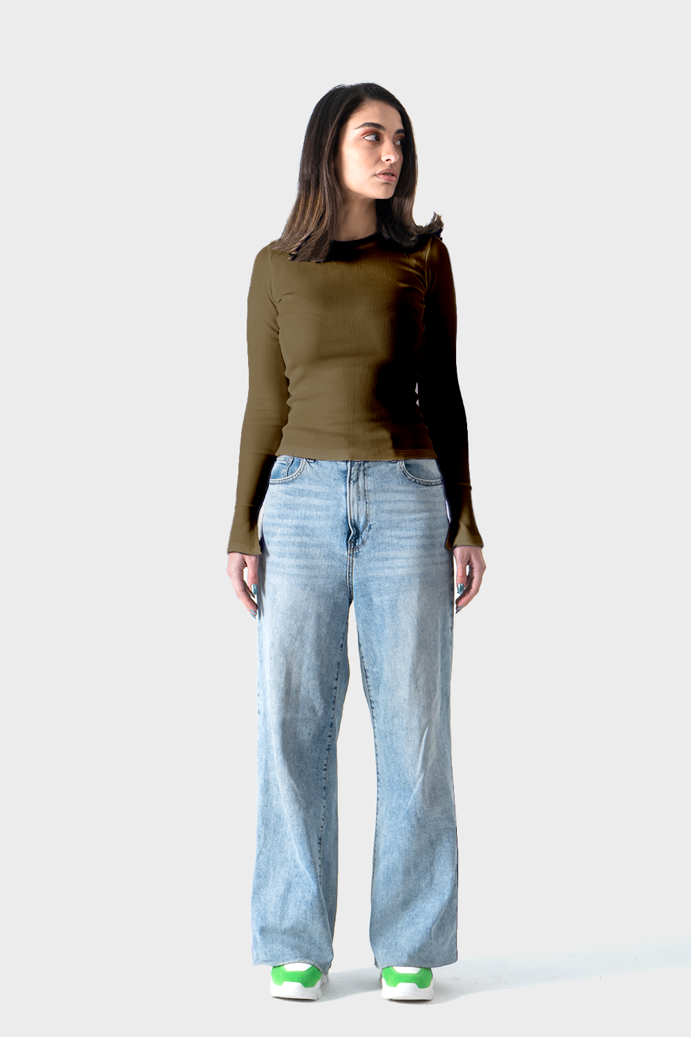 Olive Ribbed Top With Bracelet Slit