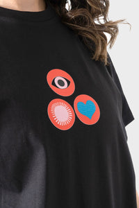 Black Back Printed Text Short Sleeves T-Shirt