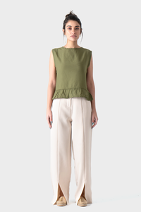Olive Sleeveless Ruffle Blouse