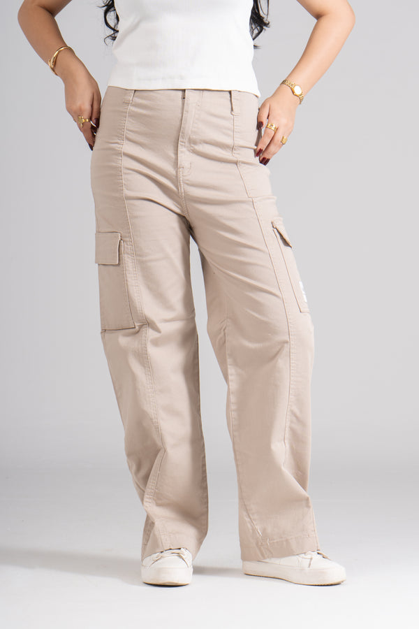 Beige Wide Leg Cargo Pants