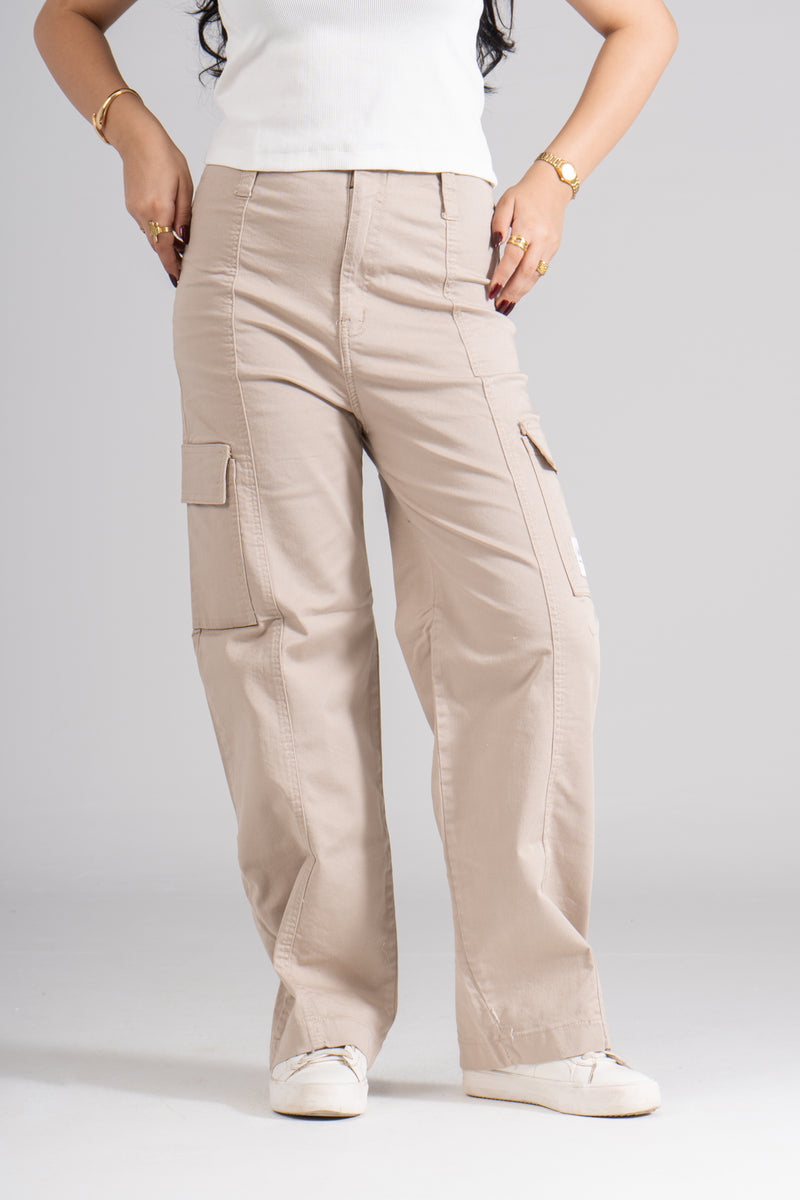 Beige Wide Leg Cargo Pants