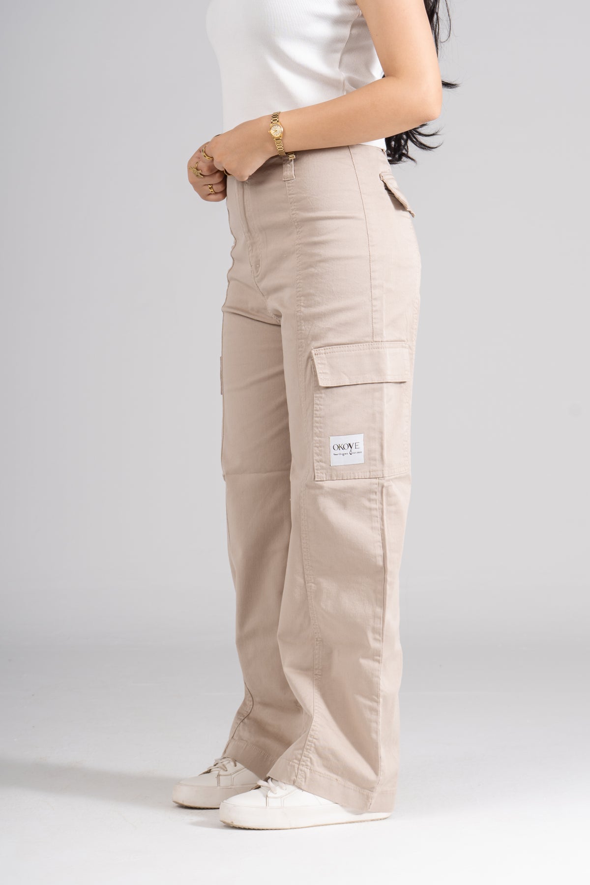 Beige Wide Leg Cargo Pants