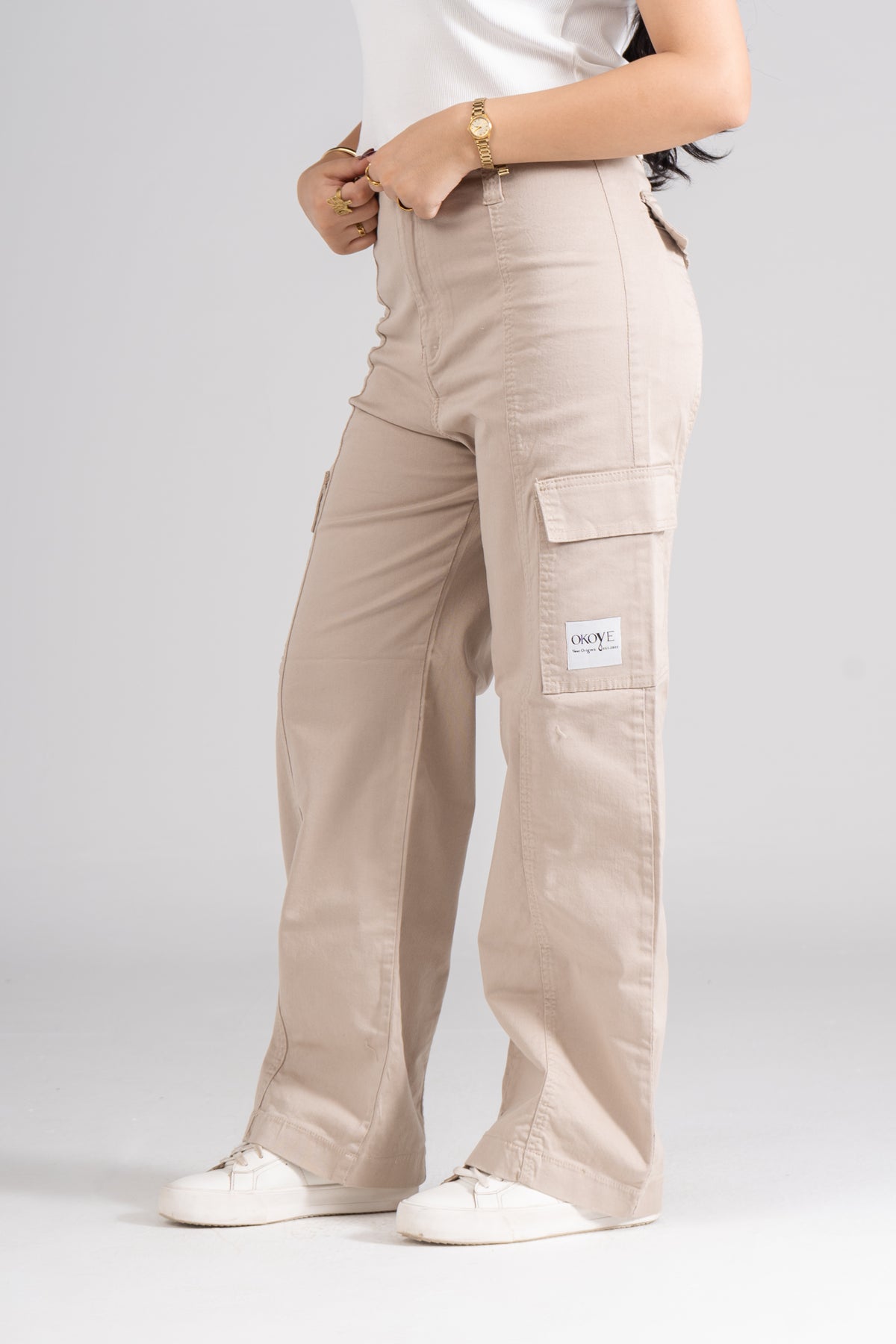 Beige Wide Leg Cargo Pants