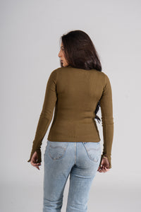 Olive Ribbed Top With Bracelet Slit