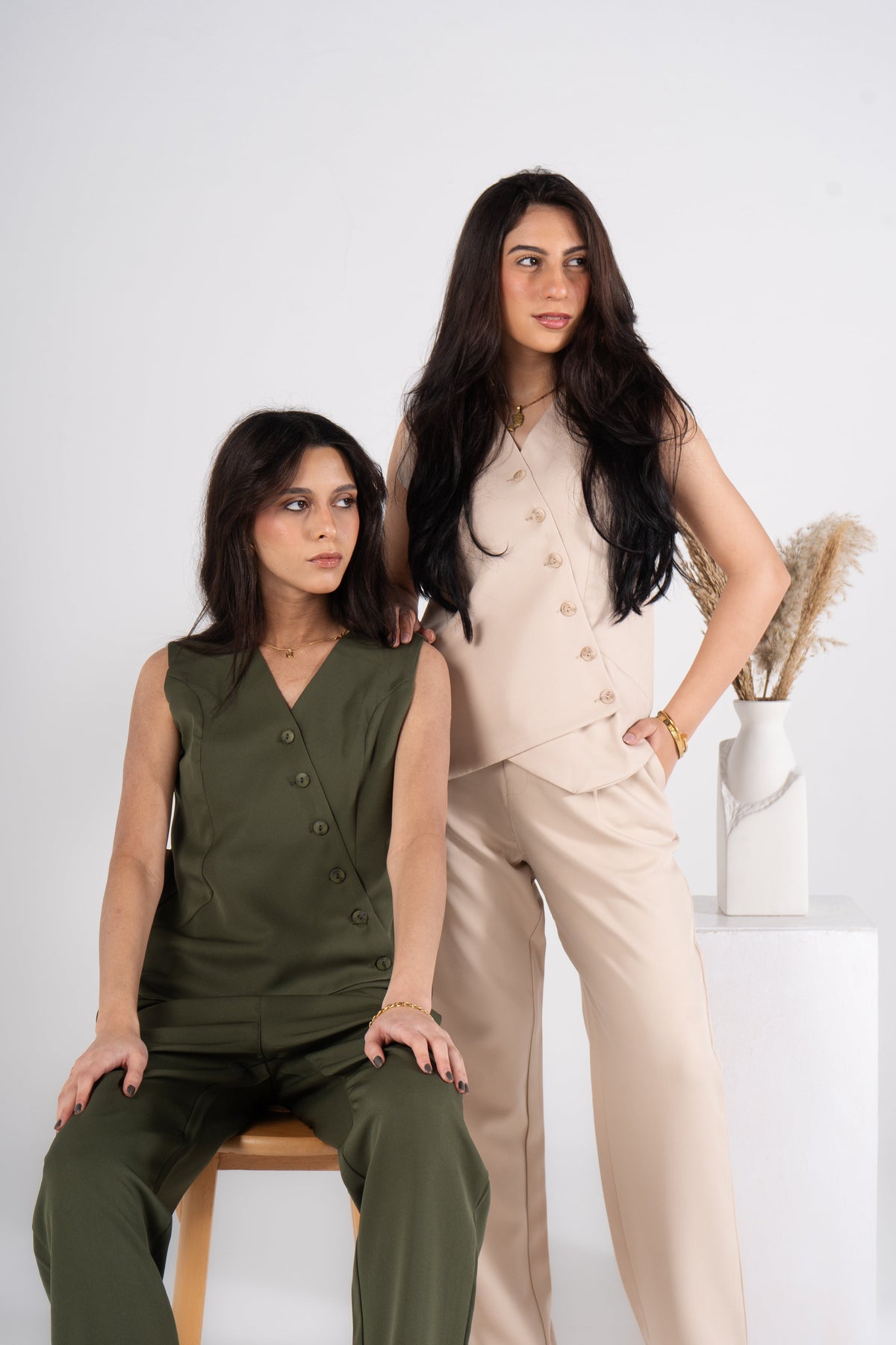 Beige Vest Suit - Cross Button