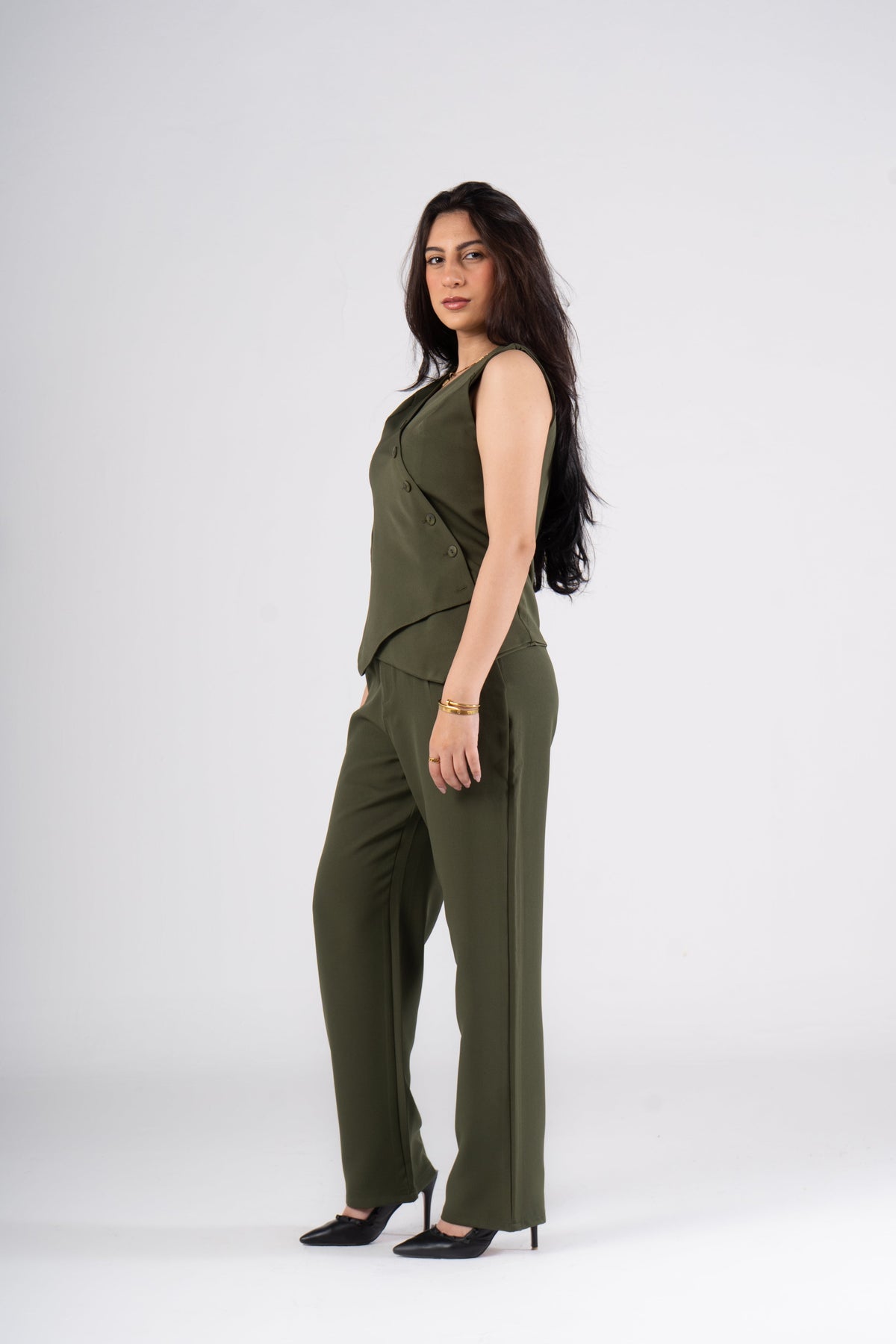 Olive Vest Suit - Cross Button