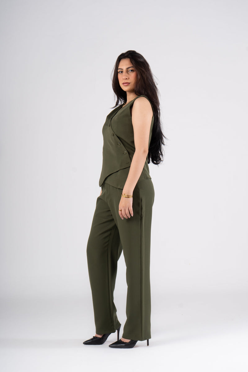Olive Vest Suit - Cross Button