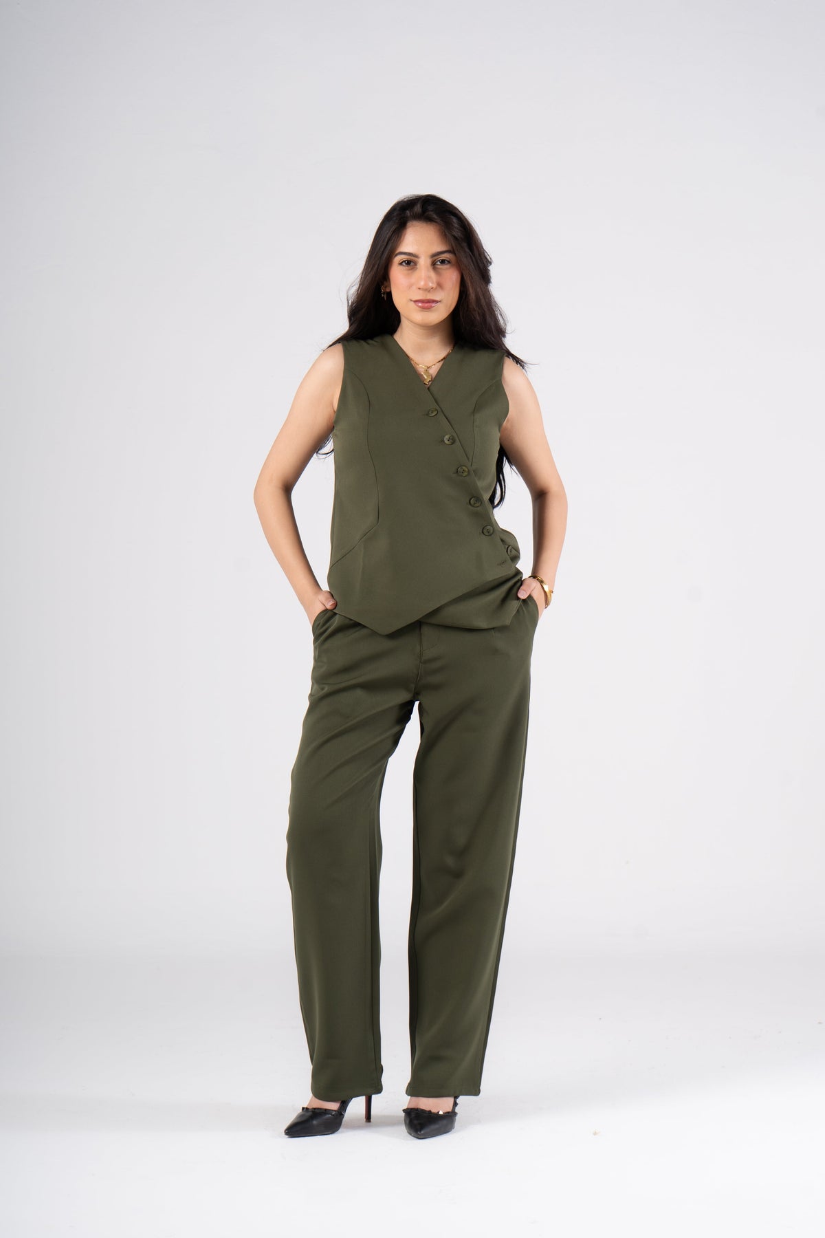 Olive Vest Suit - Cross Button