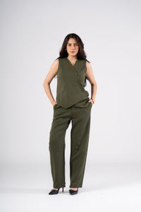 Olive Vest Suit - Cross Button