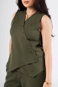Olive Vest Suit - Cross Button