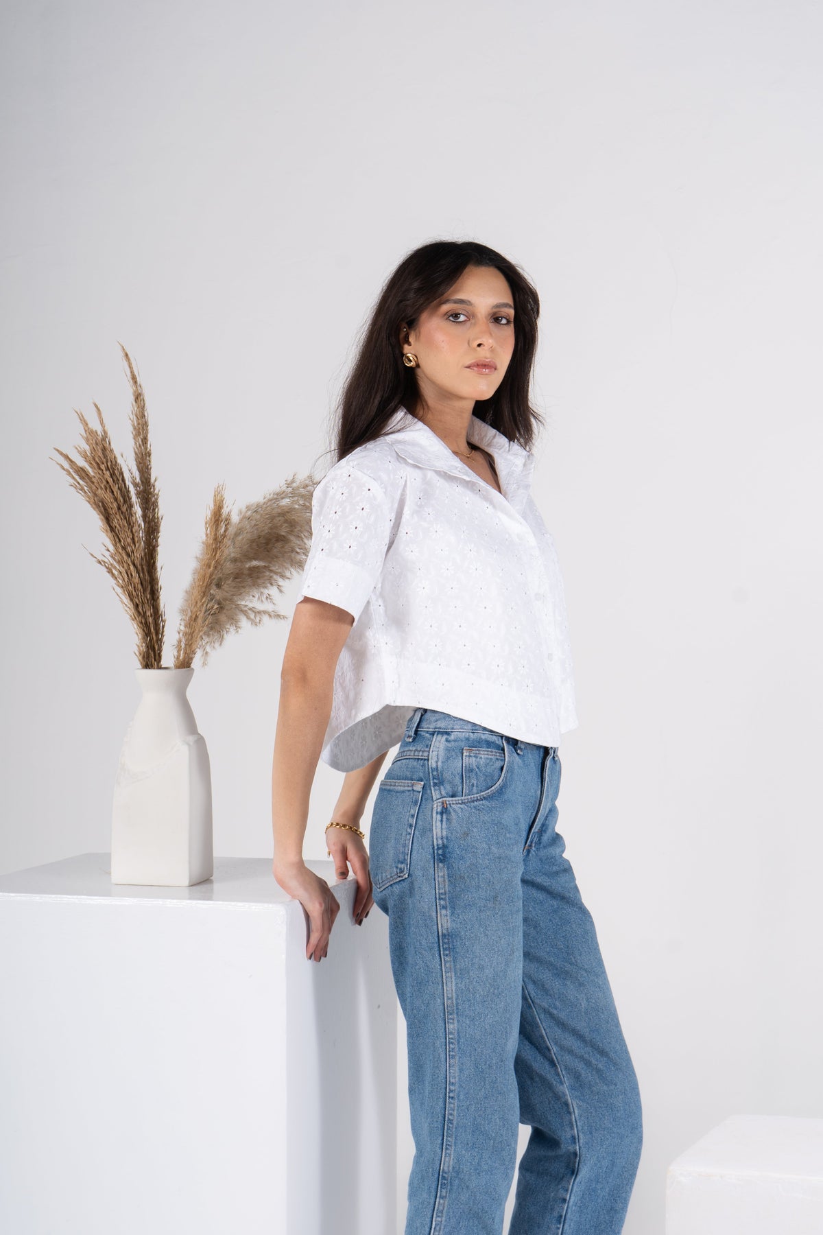 White Half Sleeves Eyelet Cropped Blouse