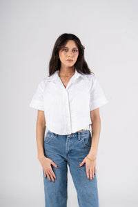 White Half Sleeves Eyelet Cropped Blouse
