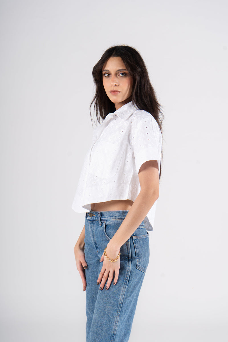 White Half Sleeves Eyelet Cropped Blouse