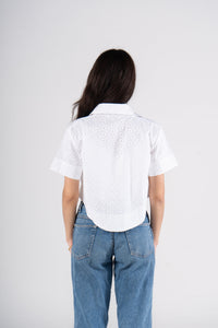 White Half Sleeves Eyelet Cropped Blouse