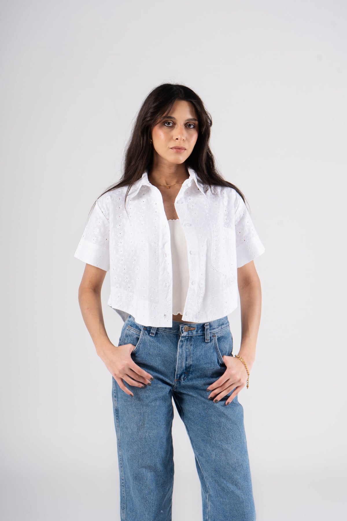 White Half Sleeves Eyelet Cropped Blouse
