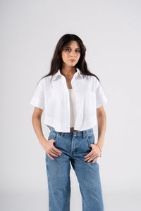 White Half Sleeves Eyelet Cropped Blouse