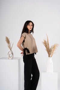 Beige Short Sleeves Linen Blouse With Ribbons