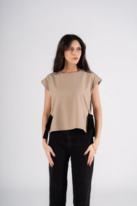 Beige Short Sleeves Linen Blouse With Ribbons