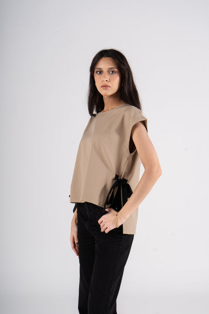 Beige Short Sleeves Linen Blouse With Ribbons