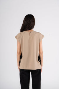 Beige Short Sleeves Linen Blouse With Ribbons