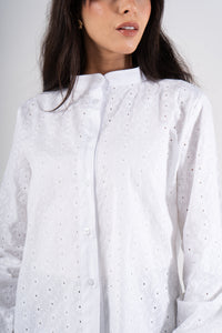 White Long Sleeves Eyelet Blouse