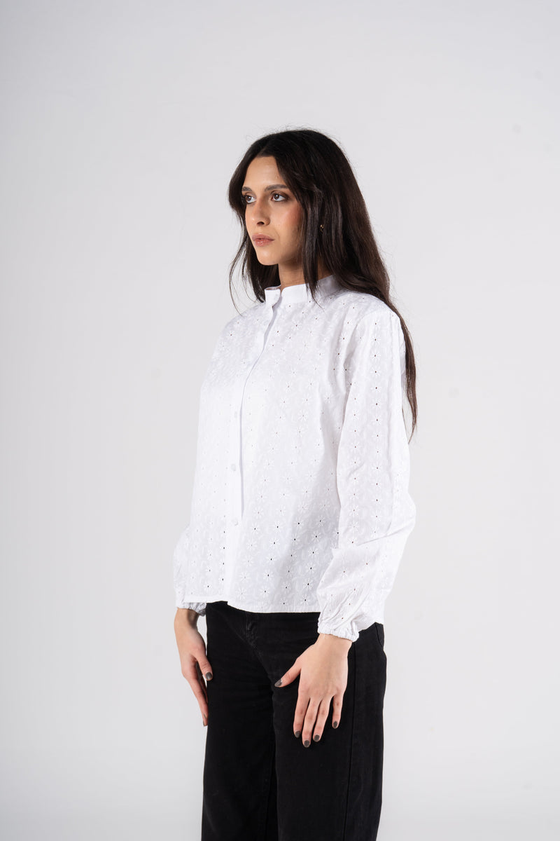White Long Sleeves Eyelet Blouse