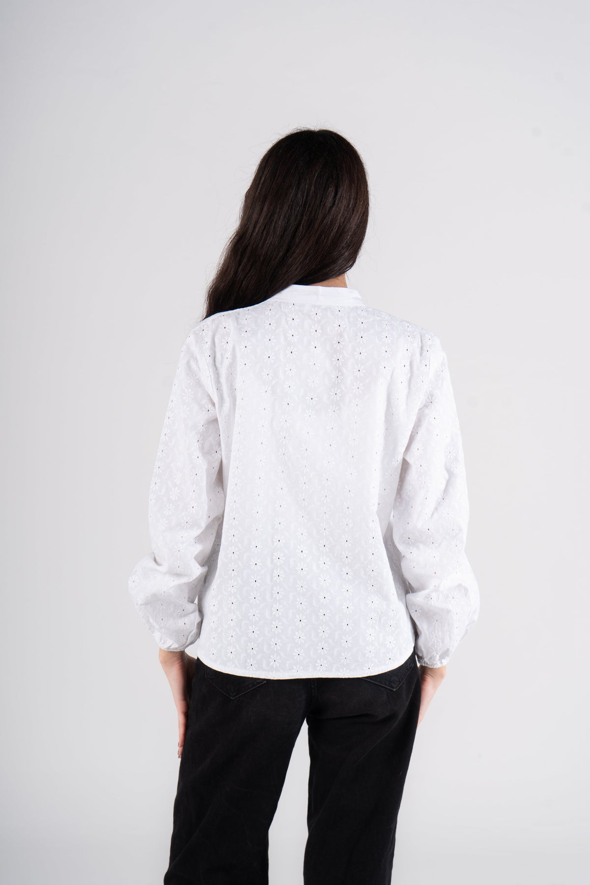 White Long Sleeves Eyelet Blouse