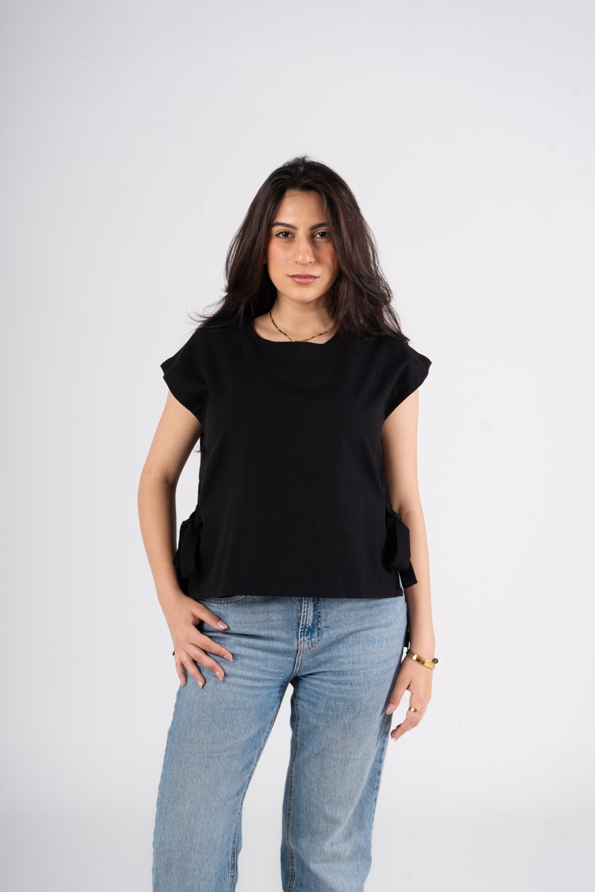 Black Short Sleeves Linen Blouse With Ribbons