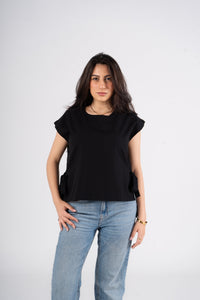 Black Short Sleeves Linen Blouse With Ribbons