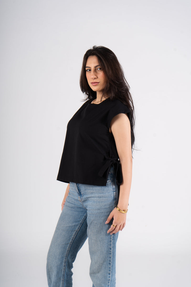 Black Short Sleeves Linen Blouse With Ribbons