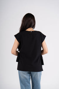 Black Short Sleeves Linen Blouse With Ribbons