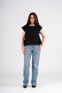 Black Short Sleeves Linen Blouse With Ribbons