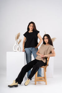 Black Short Sleeves Linen Blouse With Ribbons