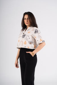 Printed Half Sleeves Cropped turkish Linen Blouse