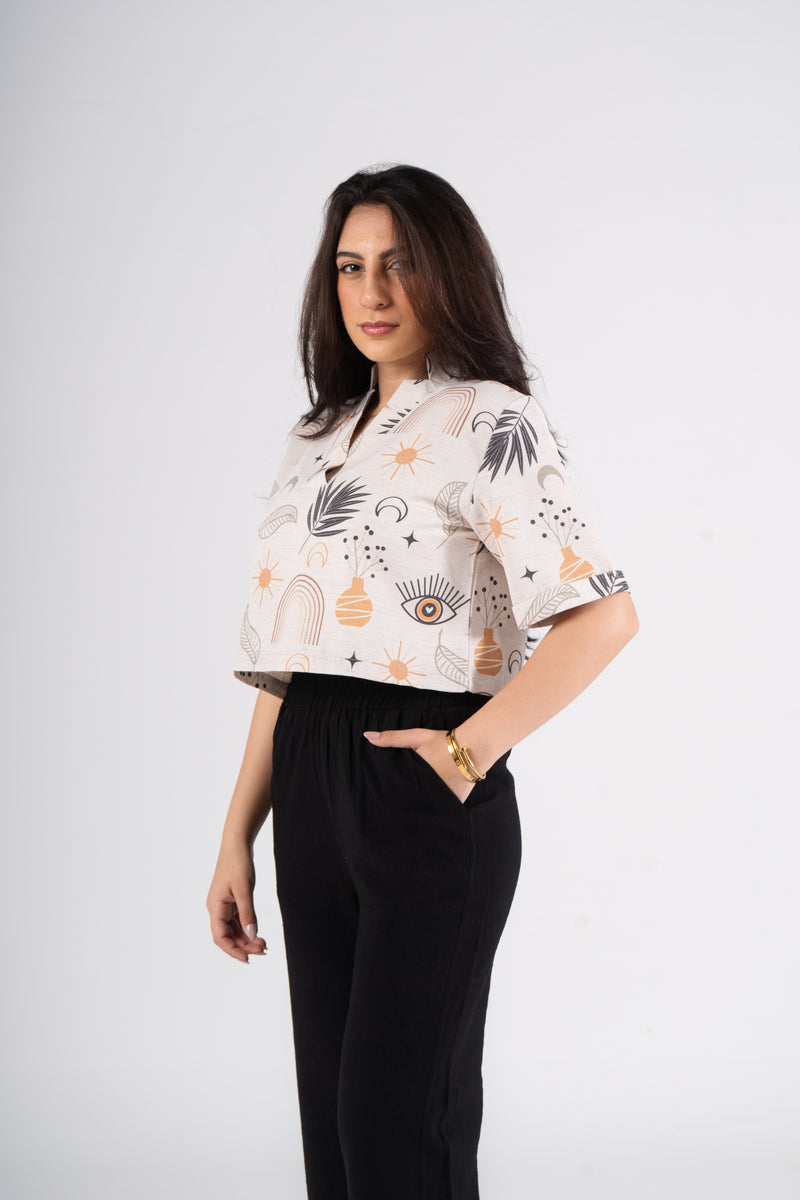 Printed Half Sleeves Cropped turkish Linen Blouse