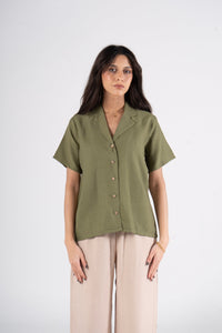 Olive Half Sleeves Linen Shirt