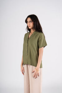 Olive Half Sleeves Linen Shirt