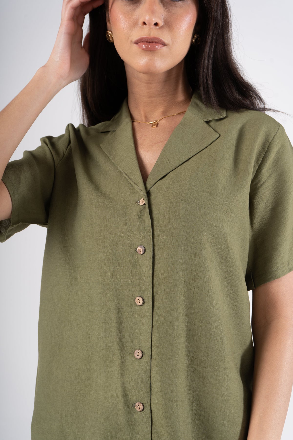 Olive Half Sleeves Linen Shirt
