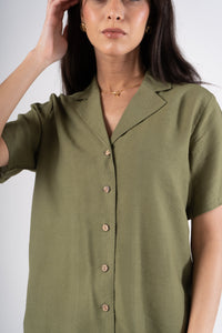 Olive Half Sleeves Linen Shirt