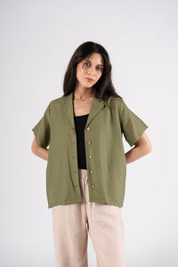 Olive Half Sleeves Linen Shirt