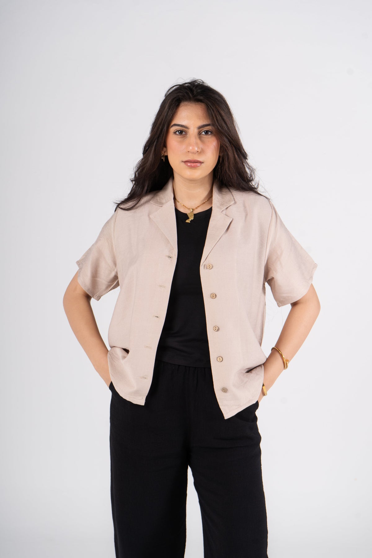 Beige Half Sleeves Linen Shirt