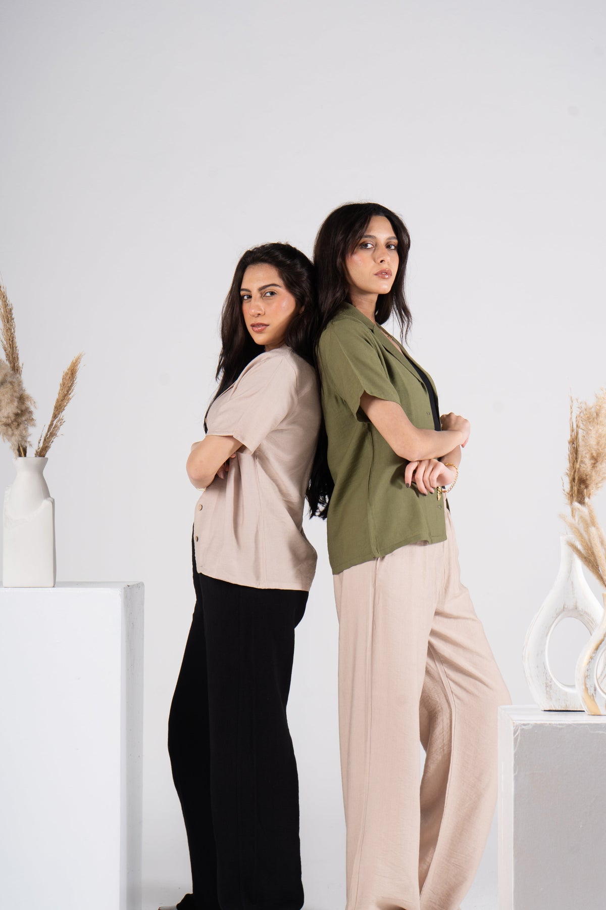 Olive Half Sleeves Linen Shirt