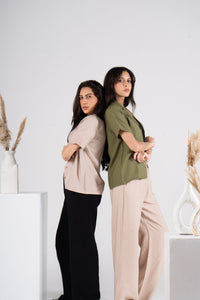 Olive Half Sleeves Linen Shirt