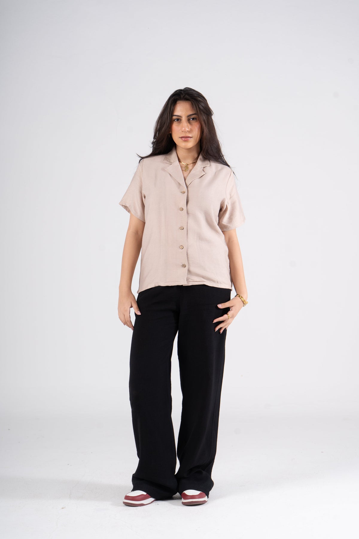 Beige Half Sleeves Linen Shirt