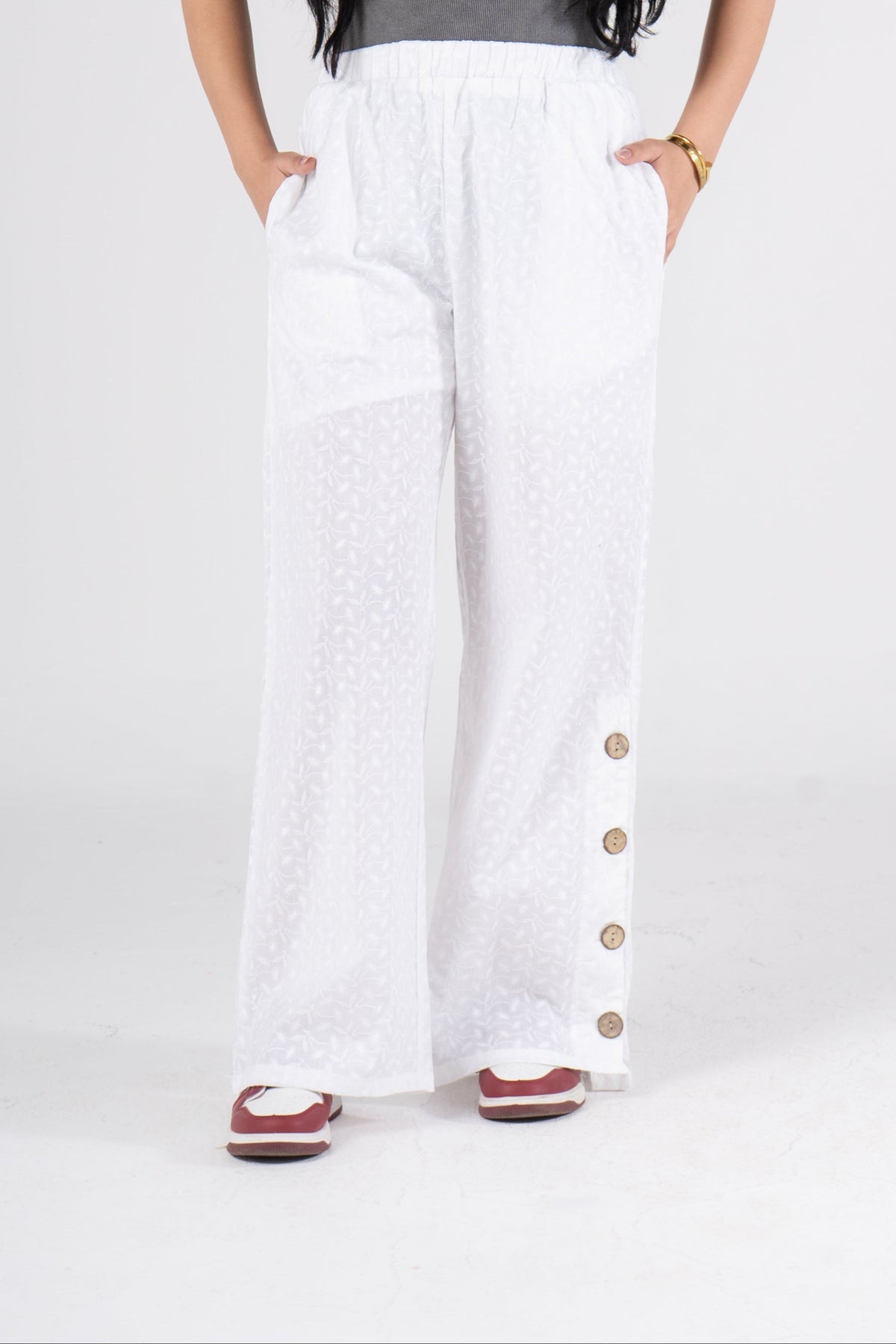 Wide Leg Eyelet Pants with Side Buttons