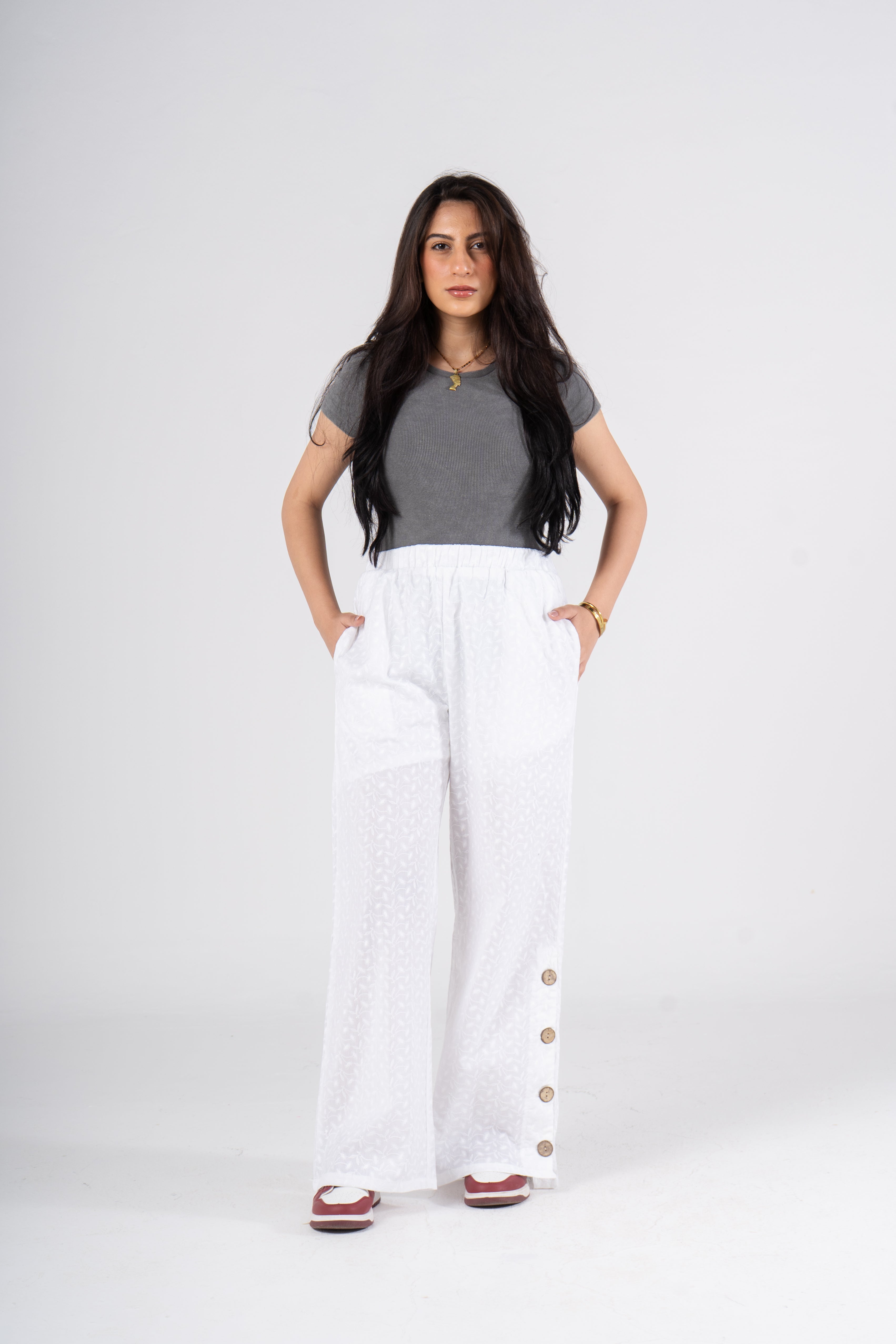Wide Leg Eyelet Pants with Side Buttons – OKOYE
